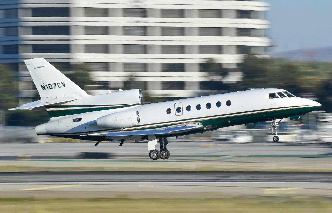 Falcon 50 N107CV on its landing roll